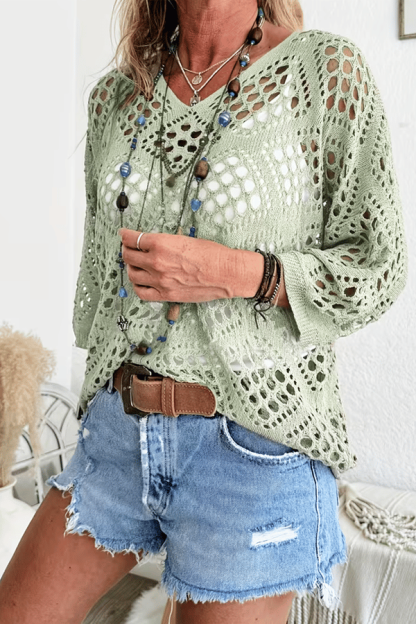 Women’s Crochet Beach Cover-Up Sweater – Lightweight Hollow-Out V-Neck Top（Buy 2 Free Shipping）