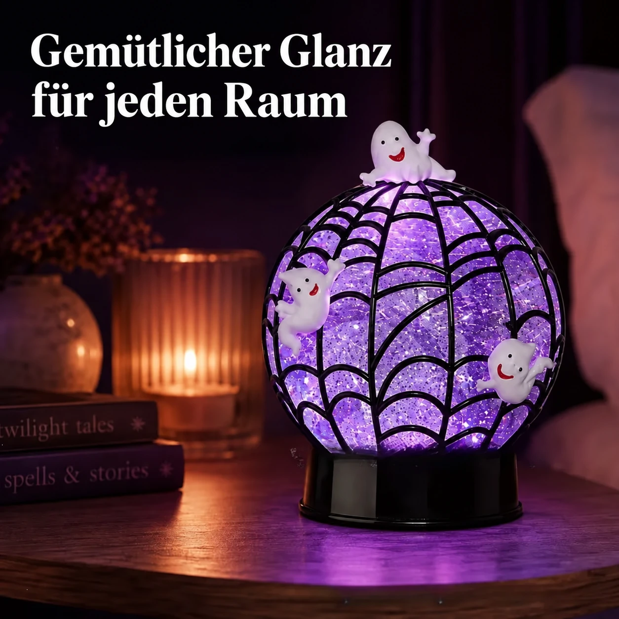 Halloween-Kugelleuchte mit wirbelndem Glitzer und Geistern oder Spinnen