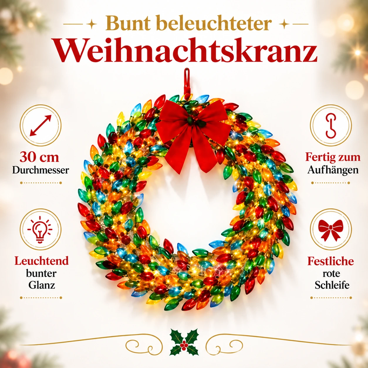 Beleuchteter Weihnachtskranz mit bunten Glühbirnen