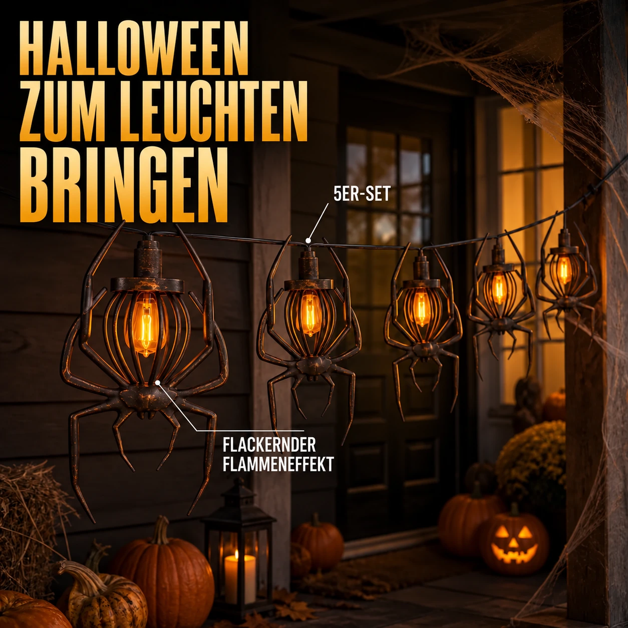 Halloween-Lichterkette mit Spinnen oder Fledermäusen und gespenstischem Licht – 5er-Set