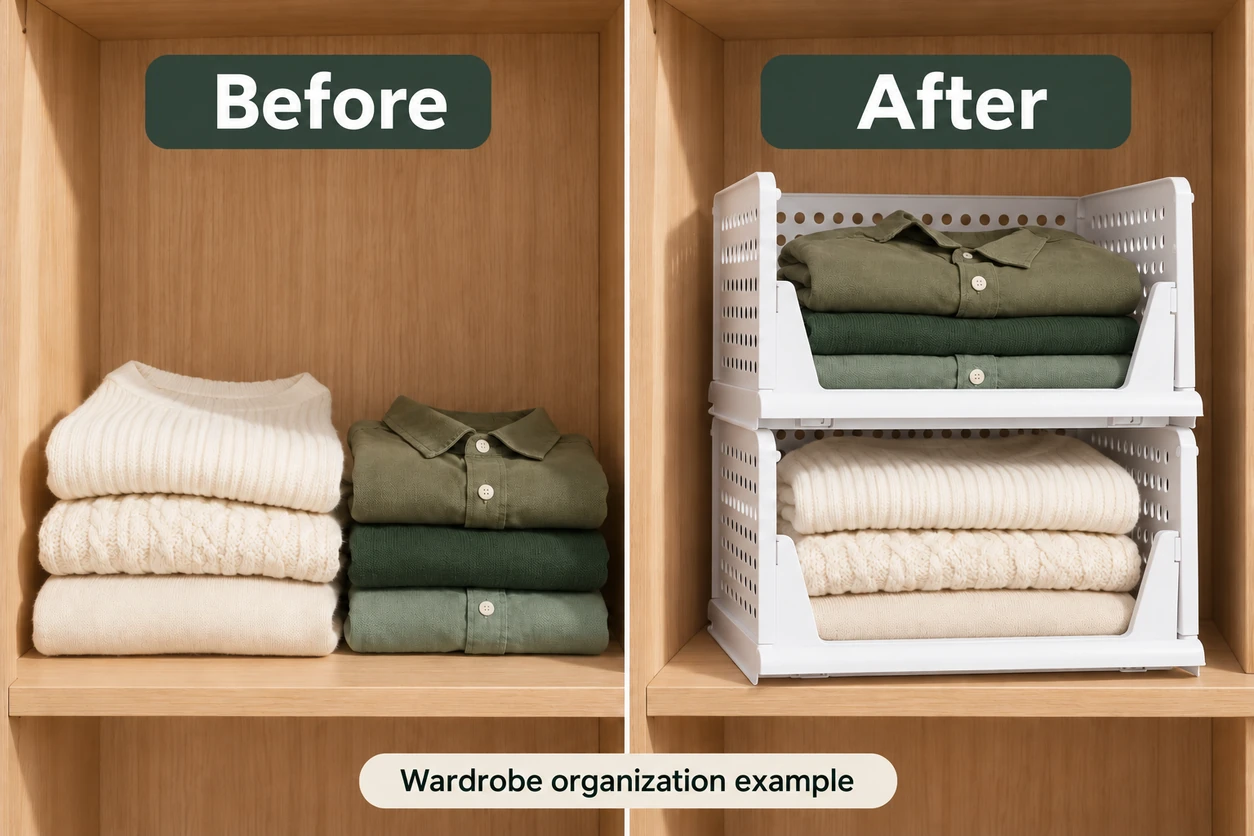 Example of wardrobe organization before and after sorting clothes into two baskets