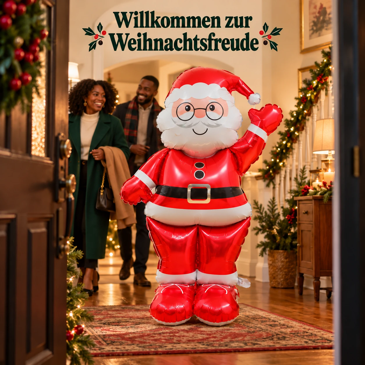 Ein Weihnachtsmann-Ballon begrüßt zwei Erwachsene im festlich geschmückten Eingangsbereich