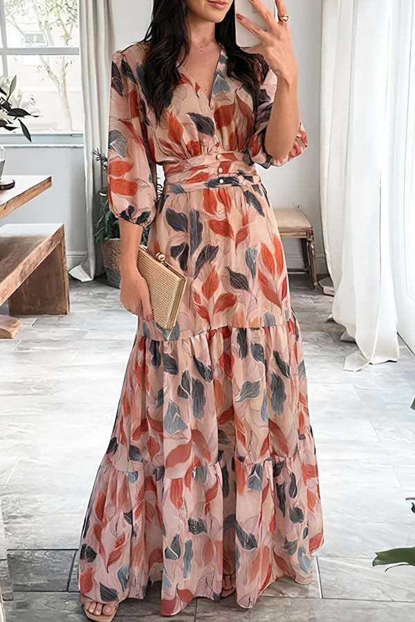 Bohemian Floral Maxi Dress for Women – V-Neck Puff Sleeve Summer Dress