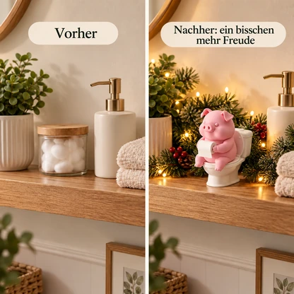 Lustige Schweinefigur auf der Toilette – weihnachtlicher Badakzent