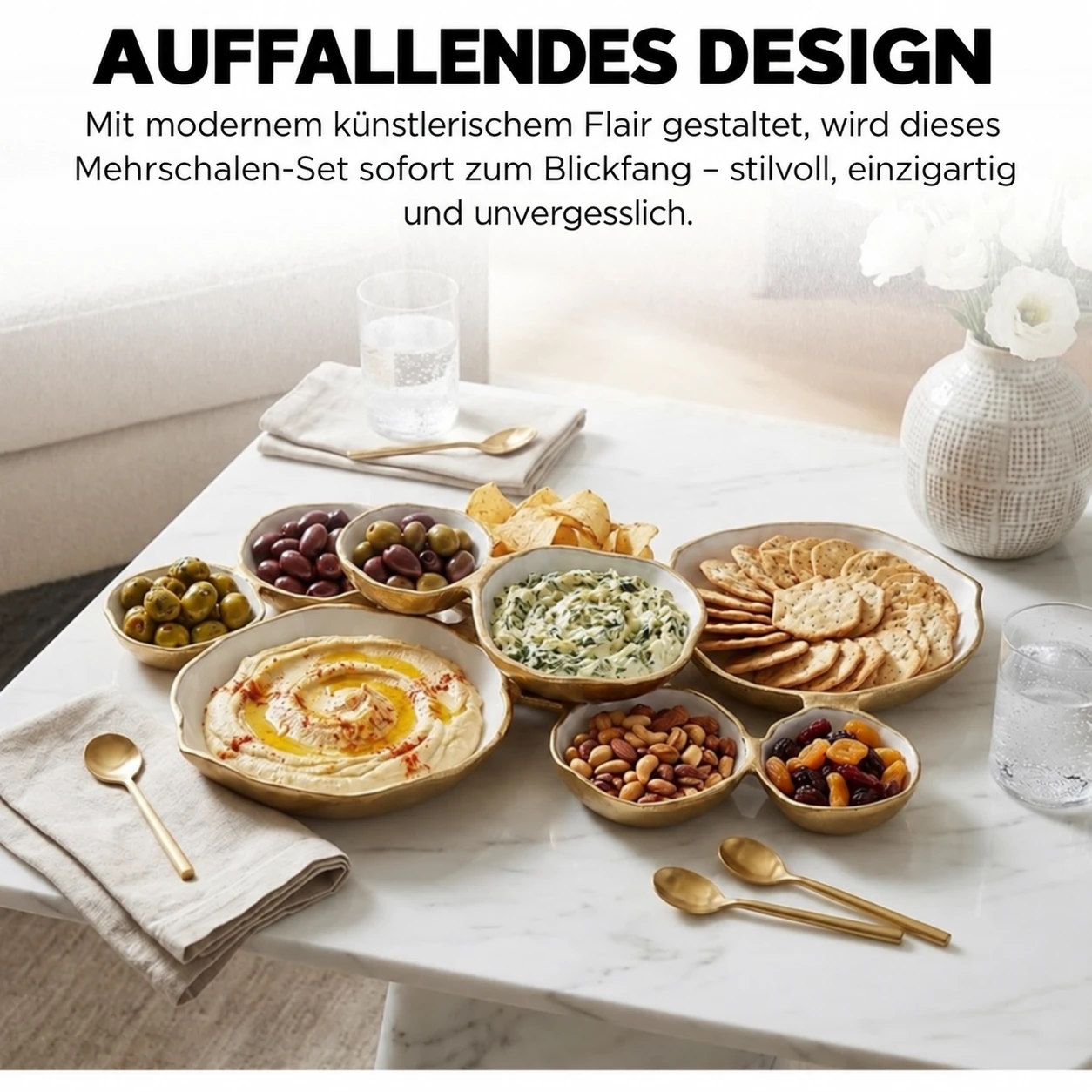 Golden Gathering – Servierplatte mit 9 Schalen | Weiß &amp; Gold