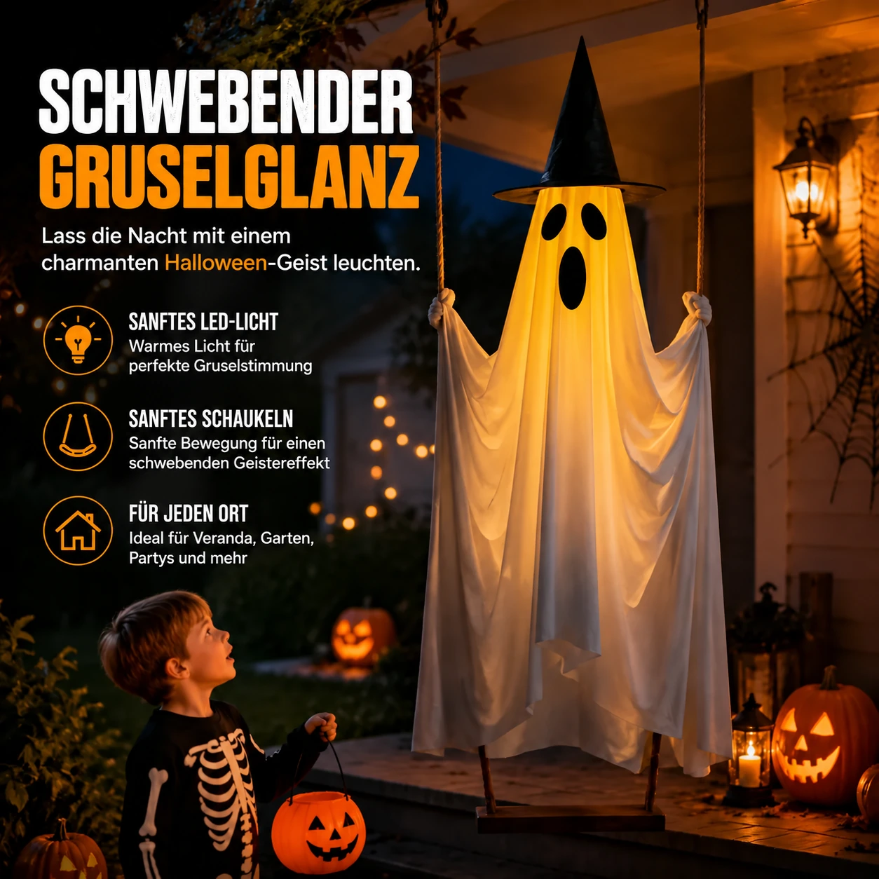 👻Hängender schaukelnder Geist mit LED-Licht als Halloween-Dekoration