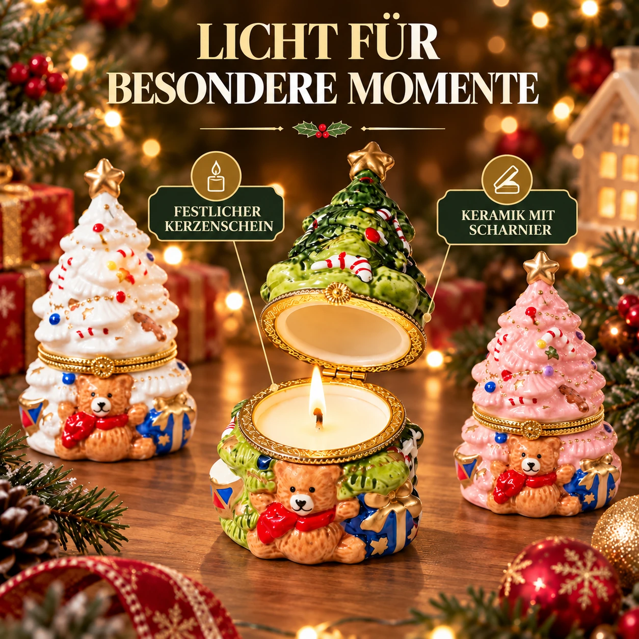 Weihnachtsbaum-Wunschbox mit Duftkerze im Keramikgefäß