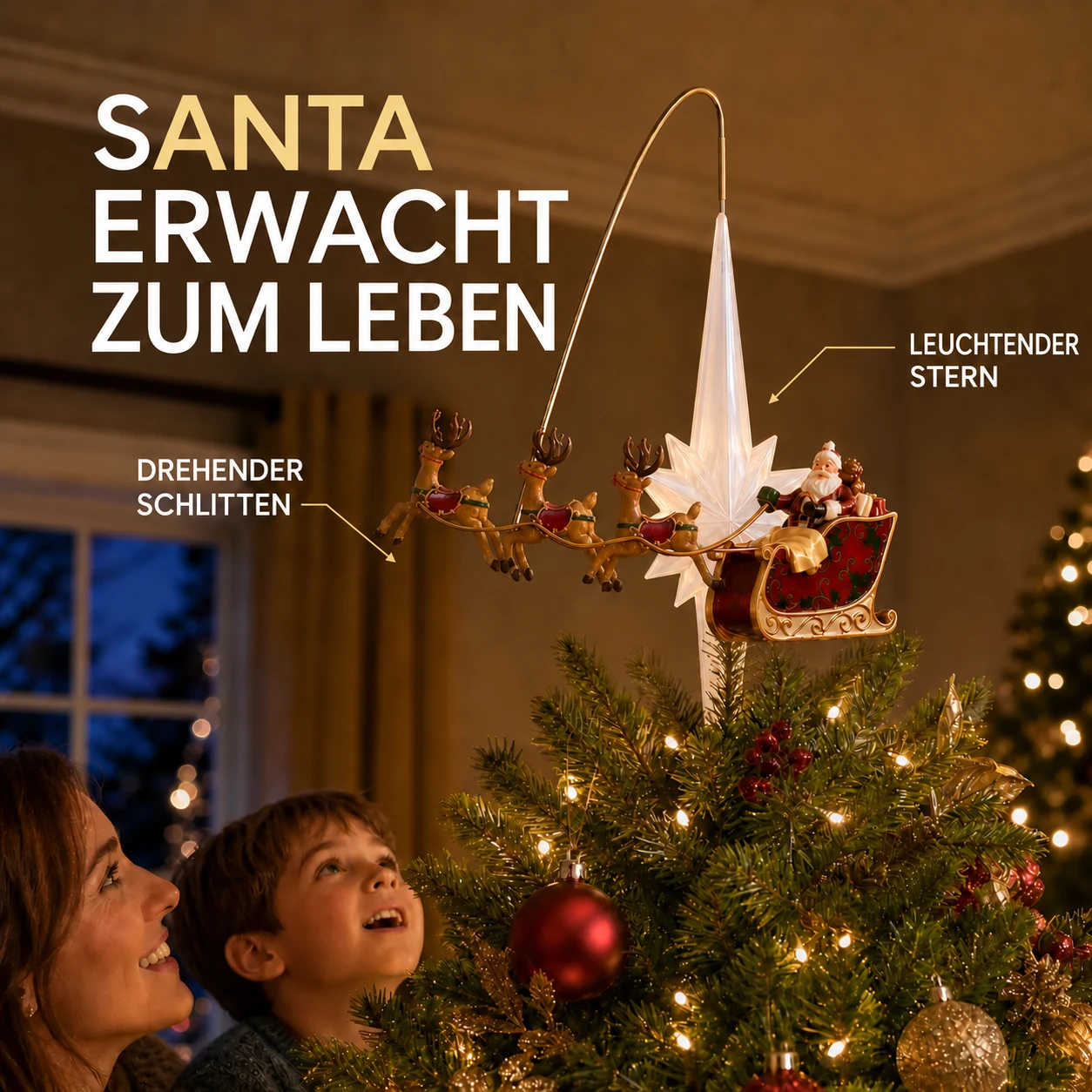 Animierte Weihnachtsbaumspitze mit dem Schlitten des Weihnachtsmanns