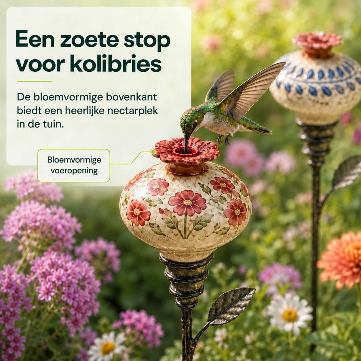 Handbeschilderde keramische kolibrievoeder op tuinprikker