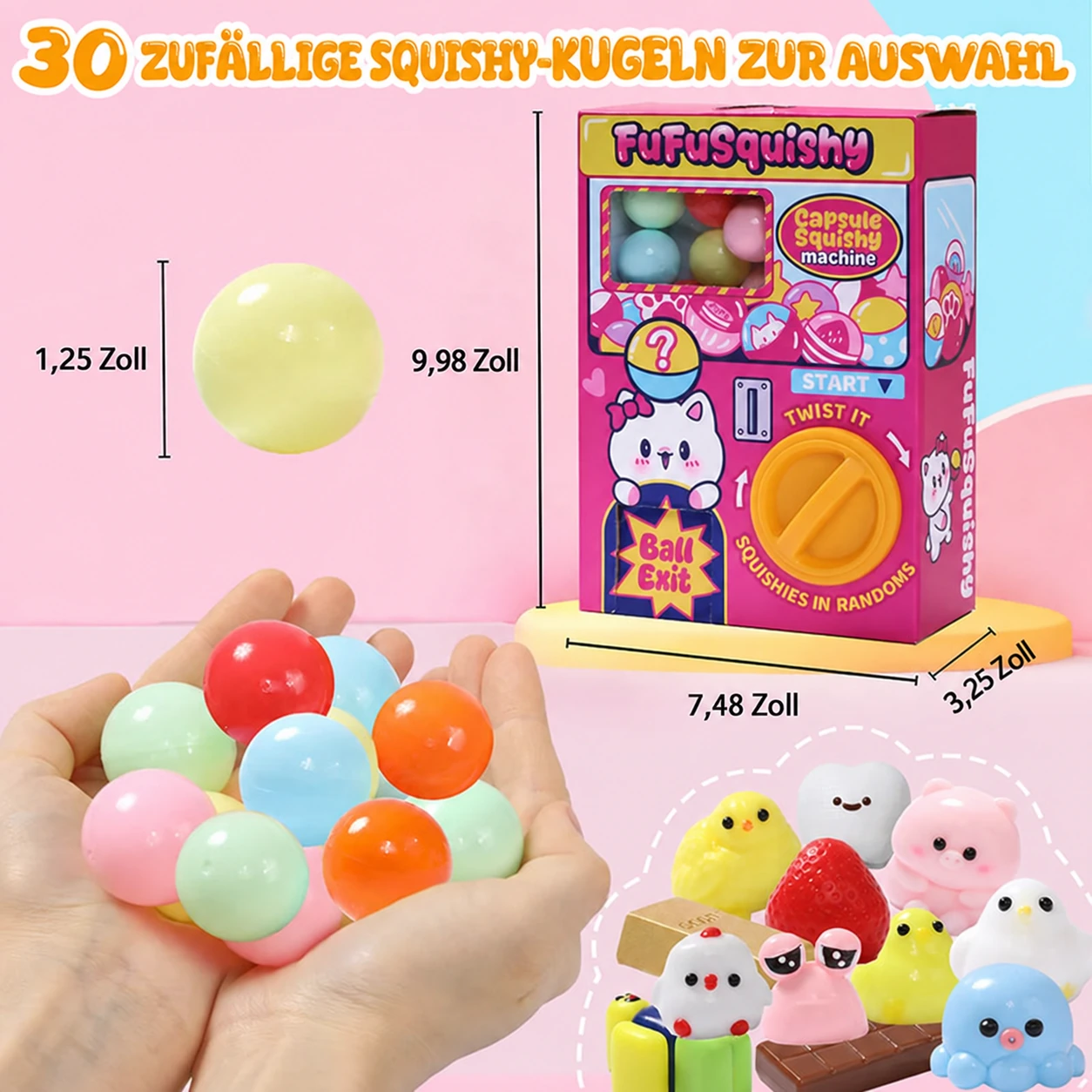 Ungefähre Automatenmaße und enthaltenes 30-teiliges Squishy-Kapselset