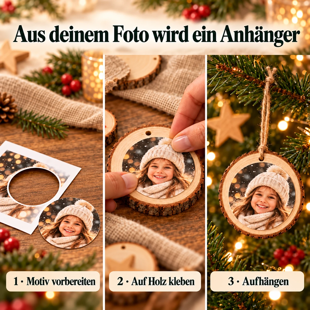 Drei Schritte im Bild: rundes Foto vorbereiten, auf die Holzscheibe kleben und den Anhänger aufhängen