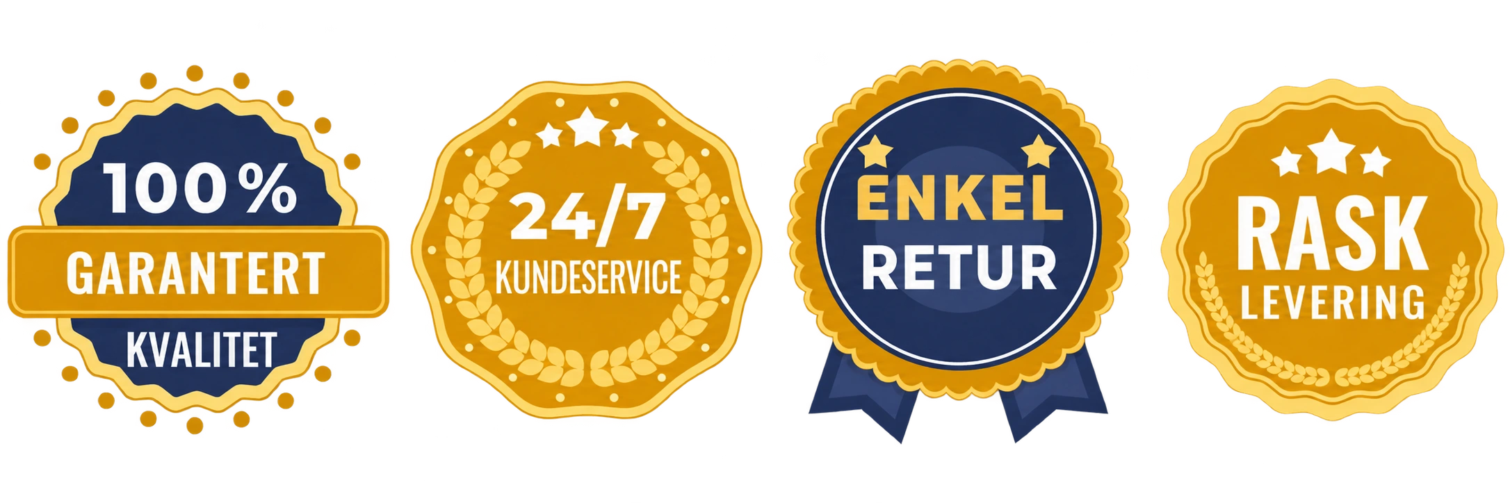 Symboler for kvalitet, kundeservice, retur og frakt