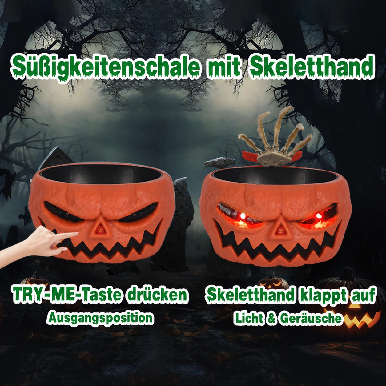 Animierte Halloween-Süßigkeitenschale mit Skeletthand, Licht und Ton