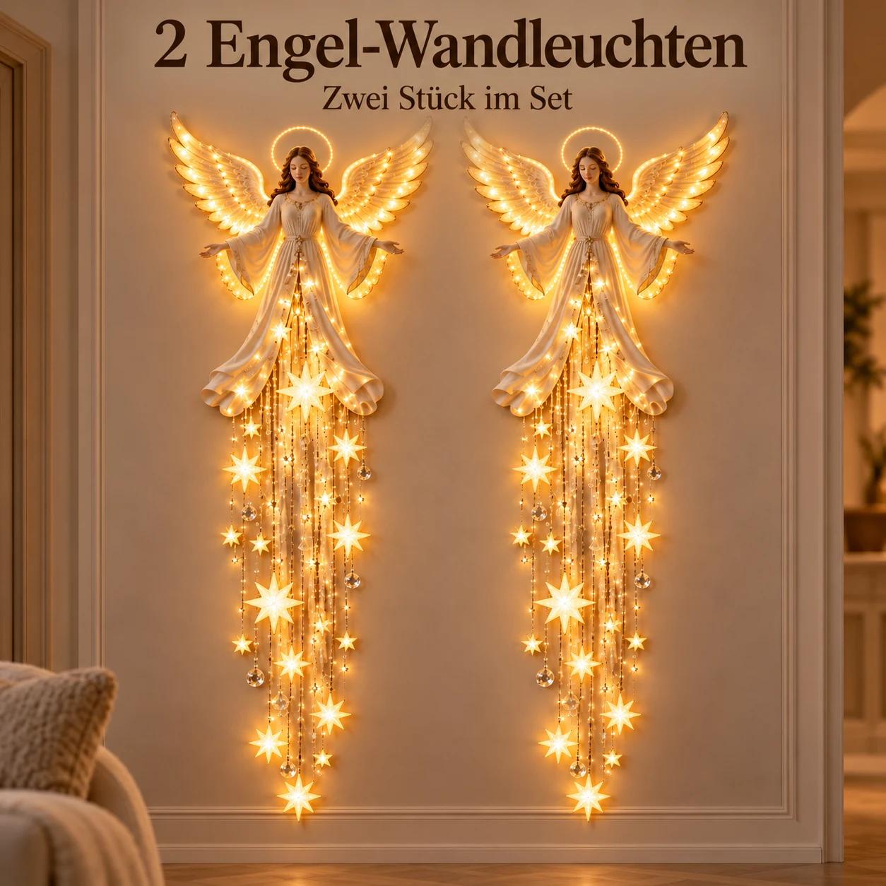 Engel-Wandleuchte mit hängenden Lichtsternen