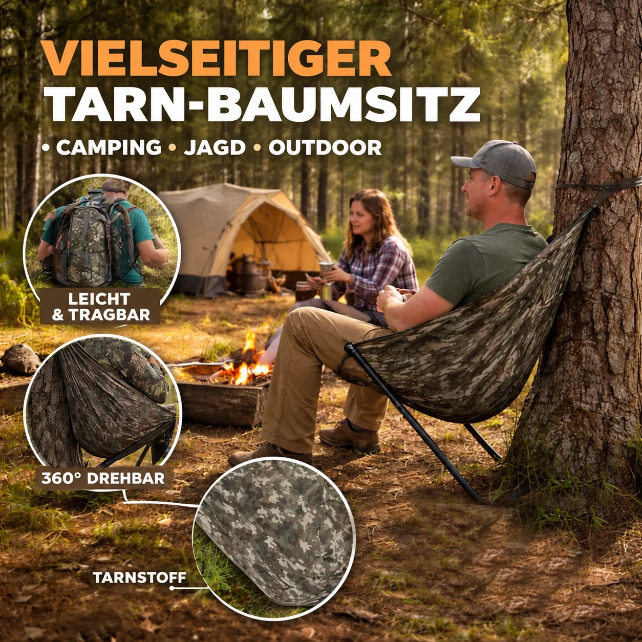Tarn-Baumsitz am Waldcamp mit Detailansicht der Tragetasche