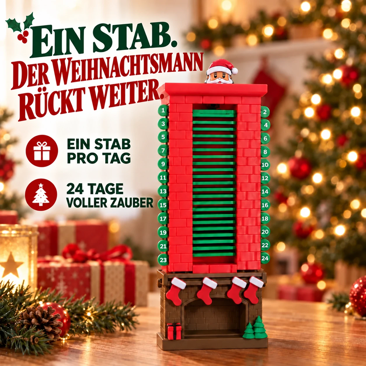 24-Tage-Weihnachts-Countdown-Kalender mit Weihnachtsmann im Kamin