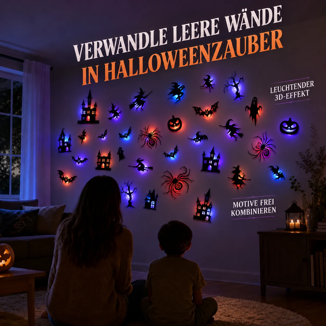 Leuchtende 3D-Halloween-Wandaufkleber – 30-teiliges Set