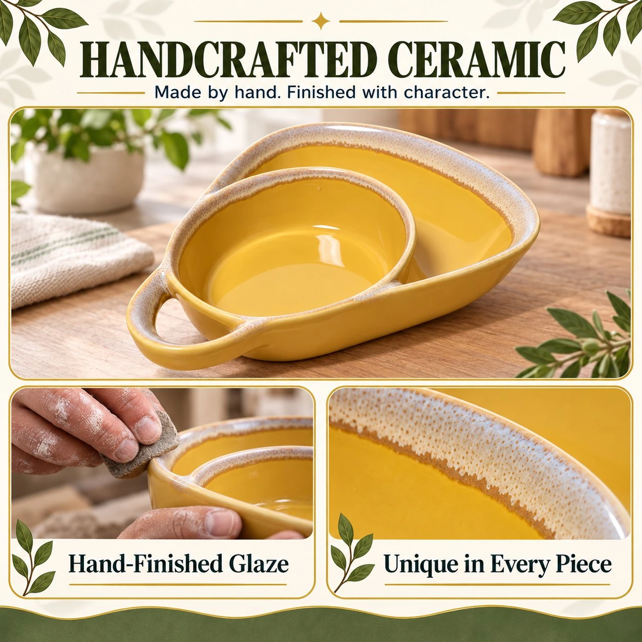 🥣 Handcrafted Divided Ceramic Serving Bowl with Side Handle 🔥