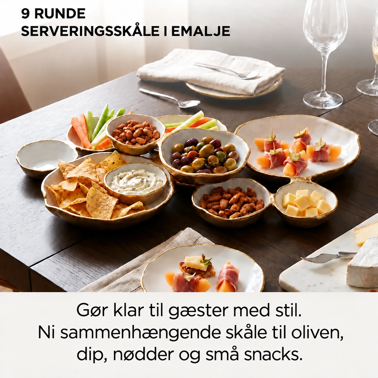 Golden Gathering – serveringsfad med 9 skåle | Hvid &amp; guld