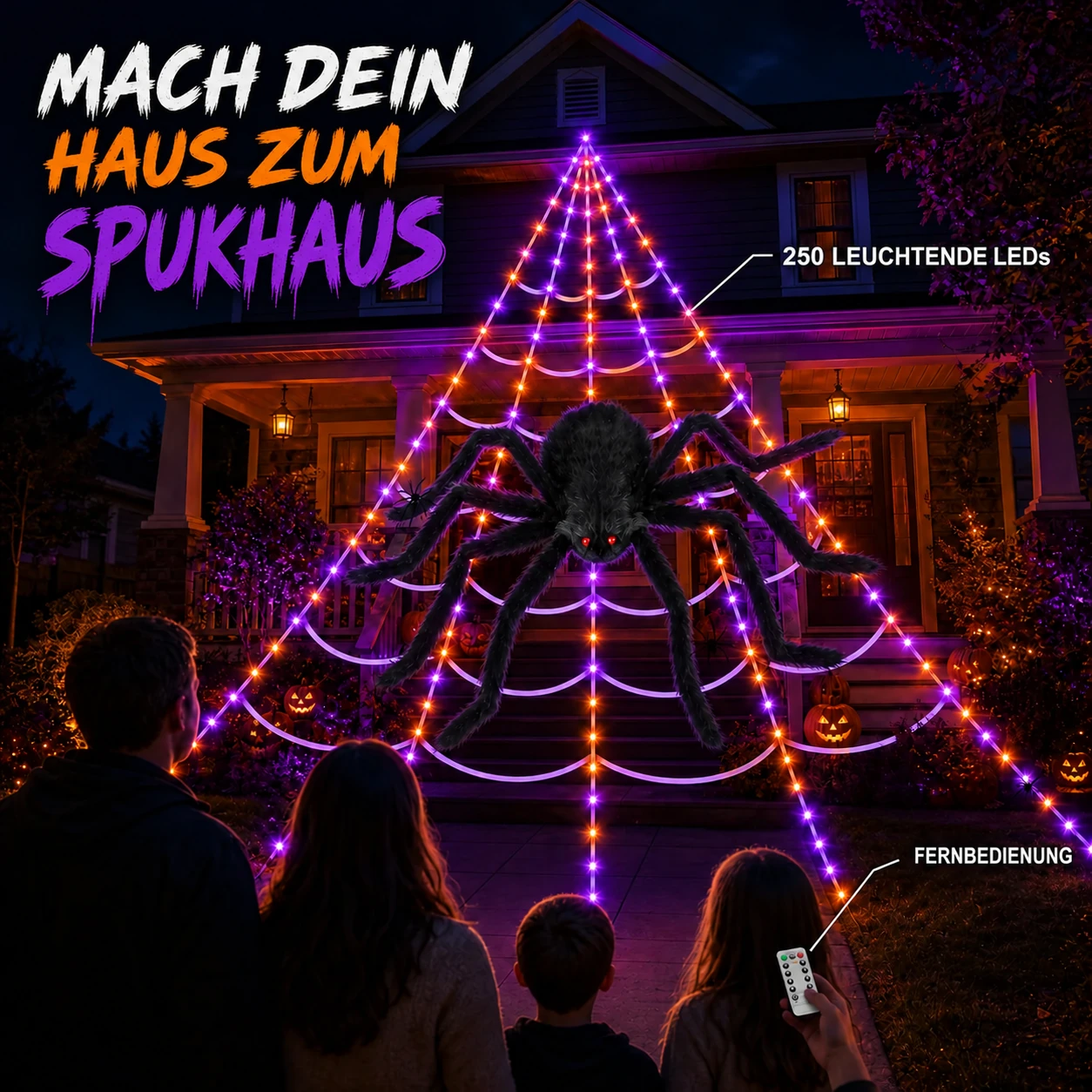 Lila-orange Spinnennetzbeleuchtung mit 250 LEDs und riesiger haariger Spinne