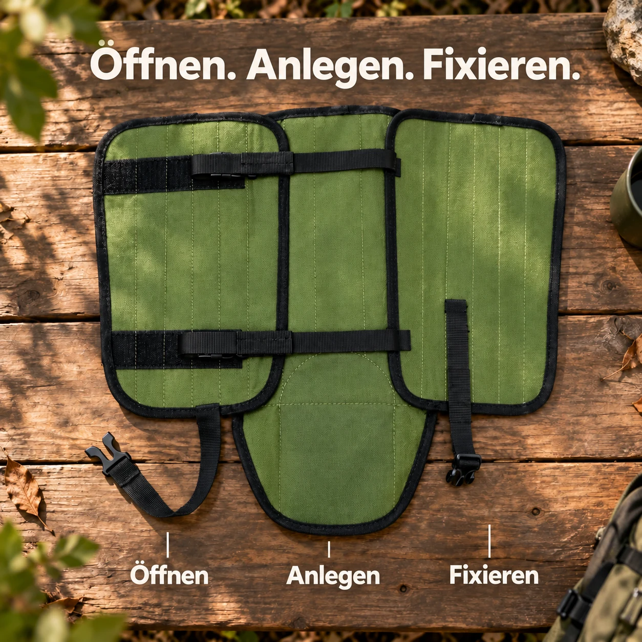 Geöffnete grüne Gamasche mit schwarzer Einfassung, Befestigungsriemen und Fußlasche
