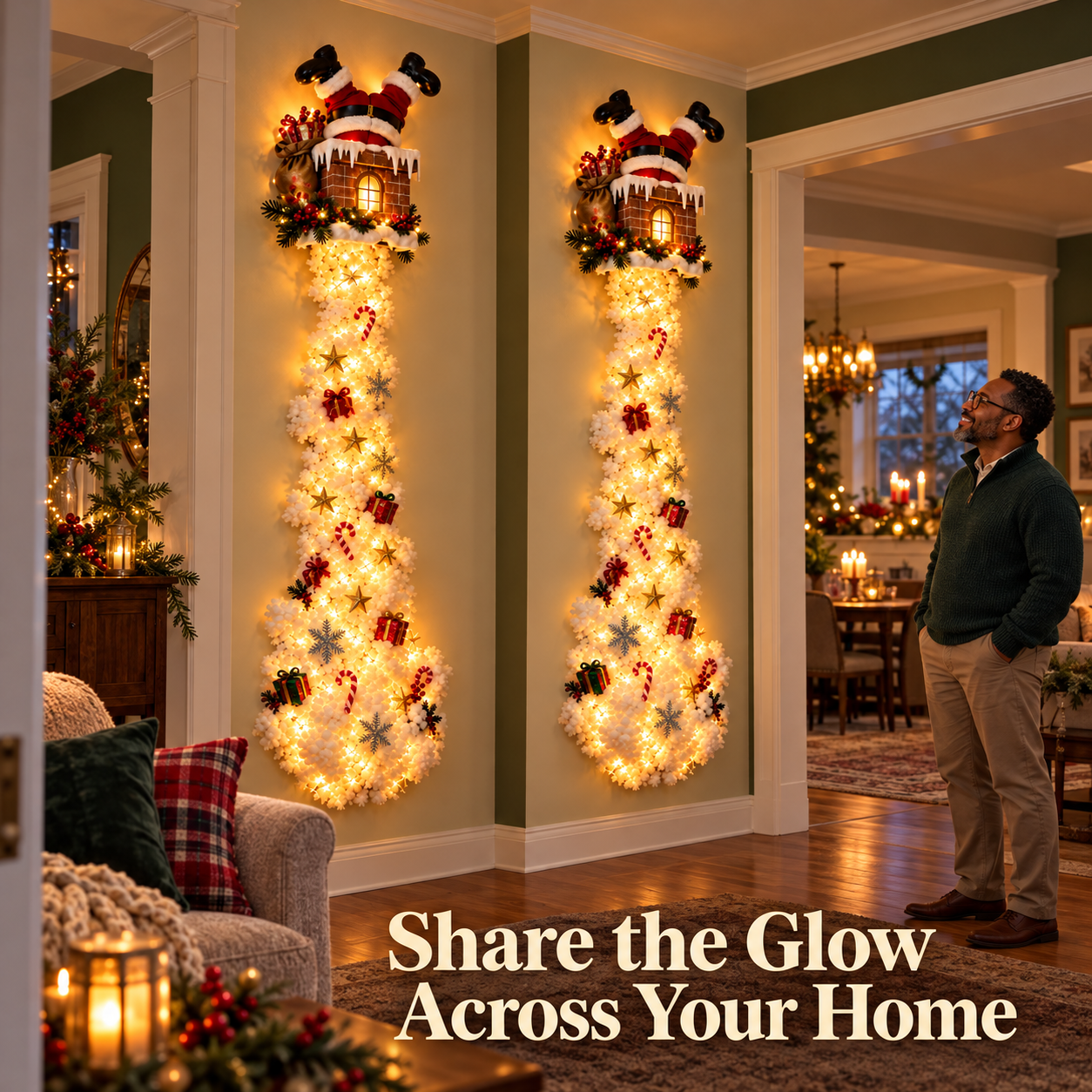 Two complete matching Santa chimney wall decorations displayed on separate interior walls