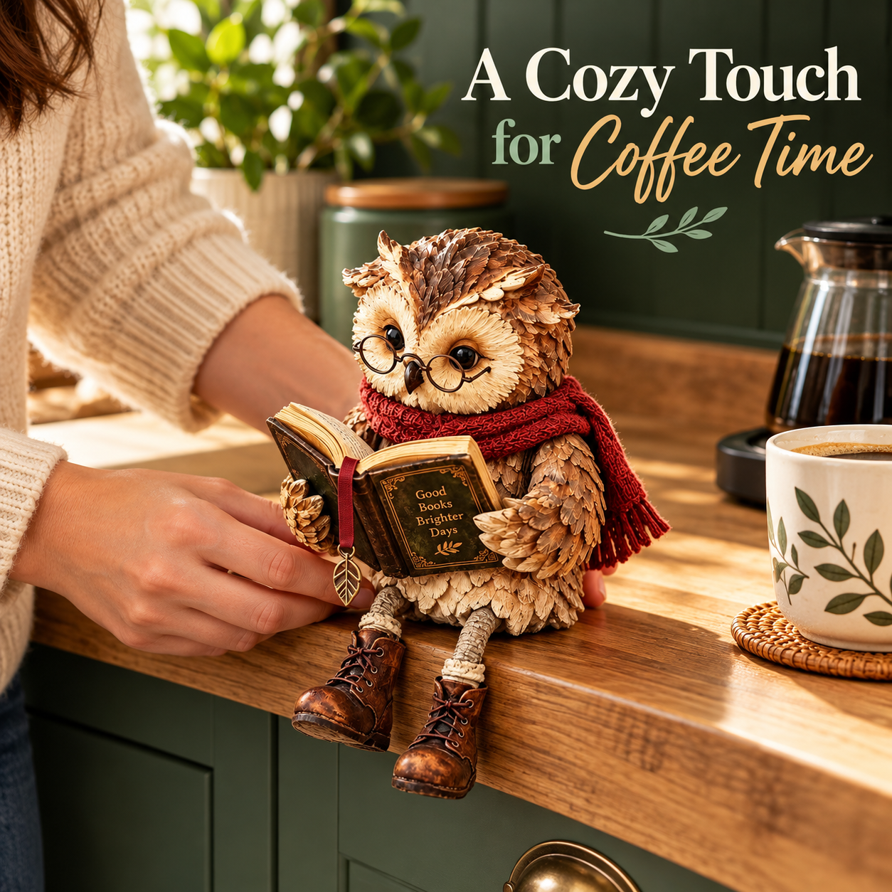 Your coffee corner with the same reading owl figurine