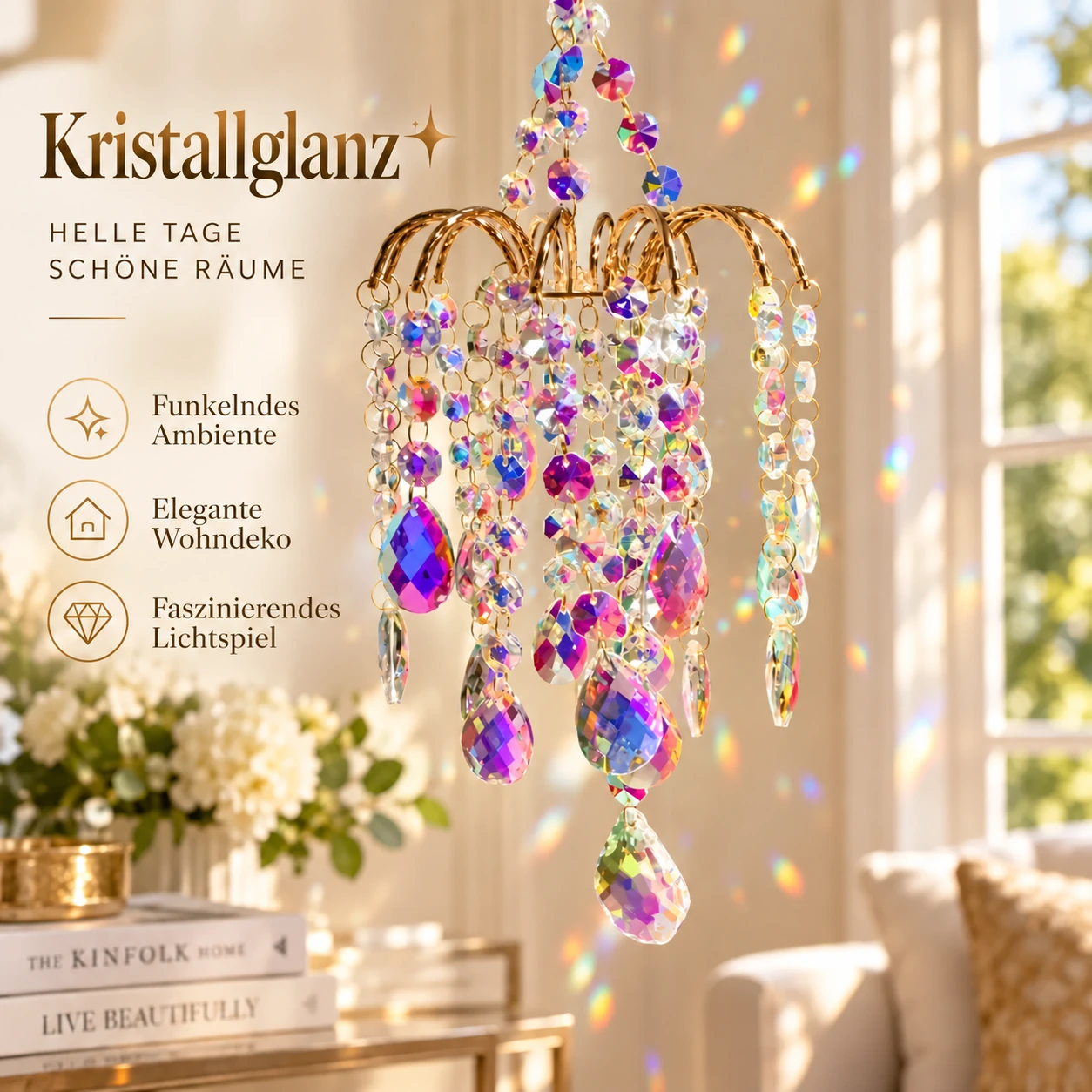 Hängendes Kristallornament glänzt in einer warmen Wohnumgebung