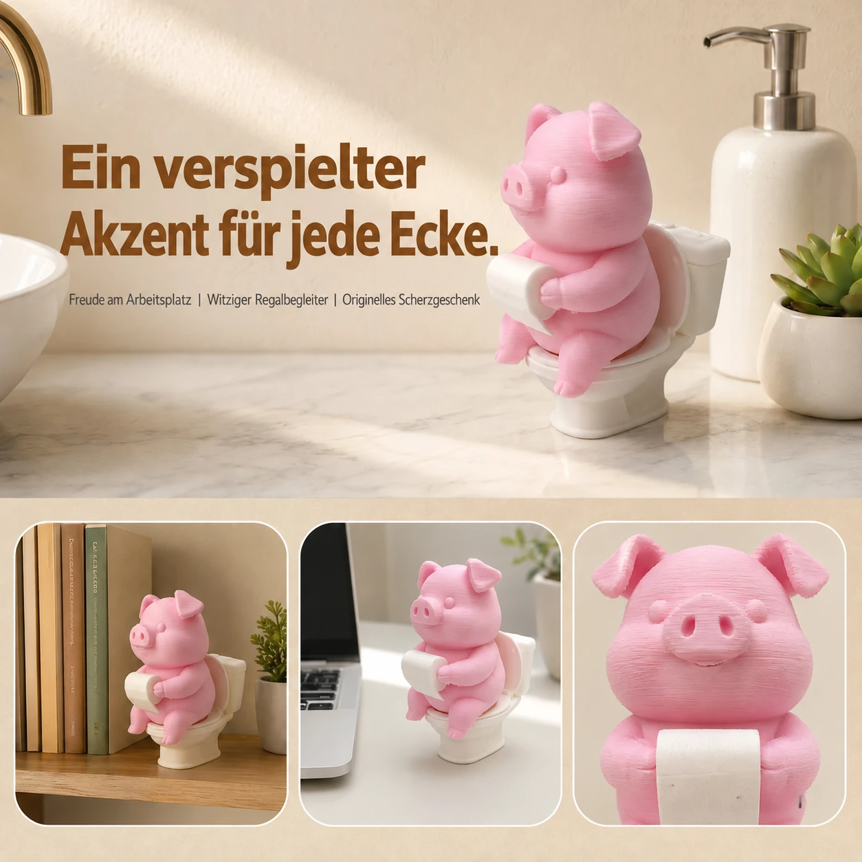 Bereitgestellte Collage zeigt die Schweinefigur auf Regal und Schreibtisch