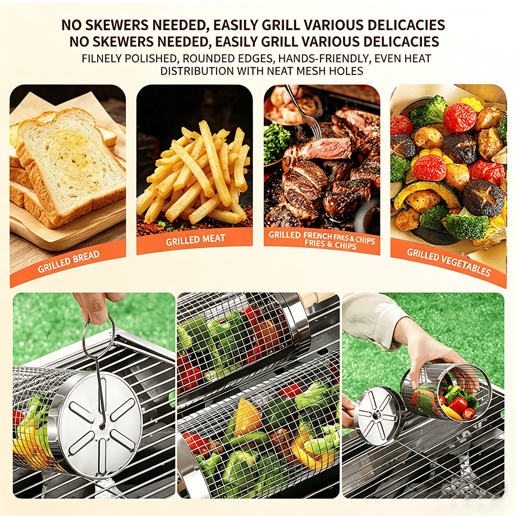 🔥 Stainless Steel Rolling Grill Basket – Effortless 360° Even Cooking