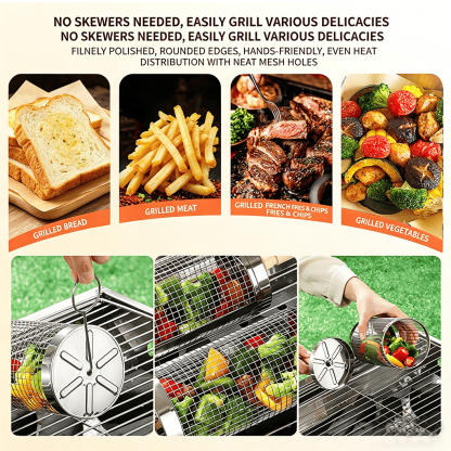 🔥 Stainless Steel Rolling Grill Basket – Effortless 360° Even Cooking