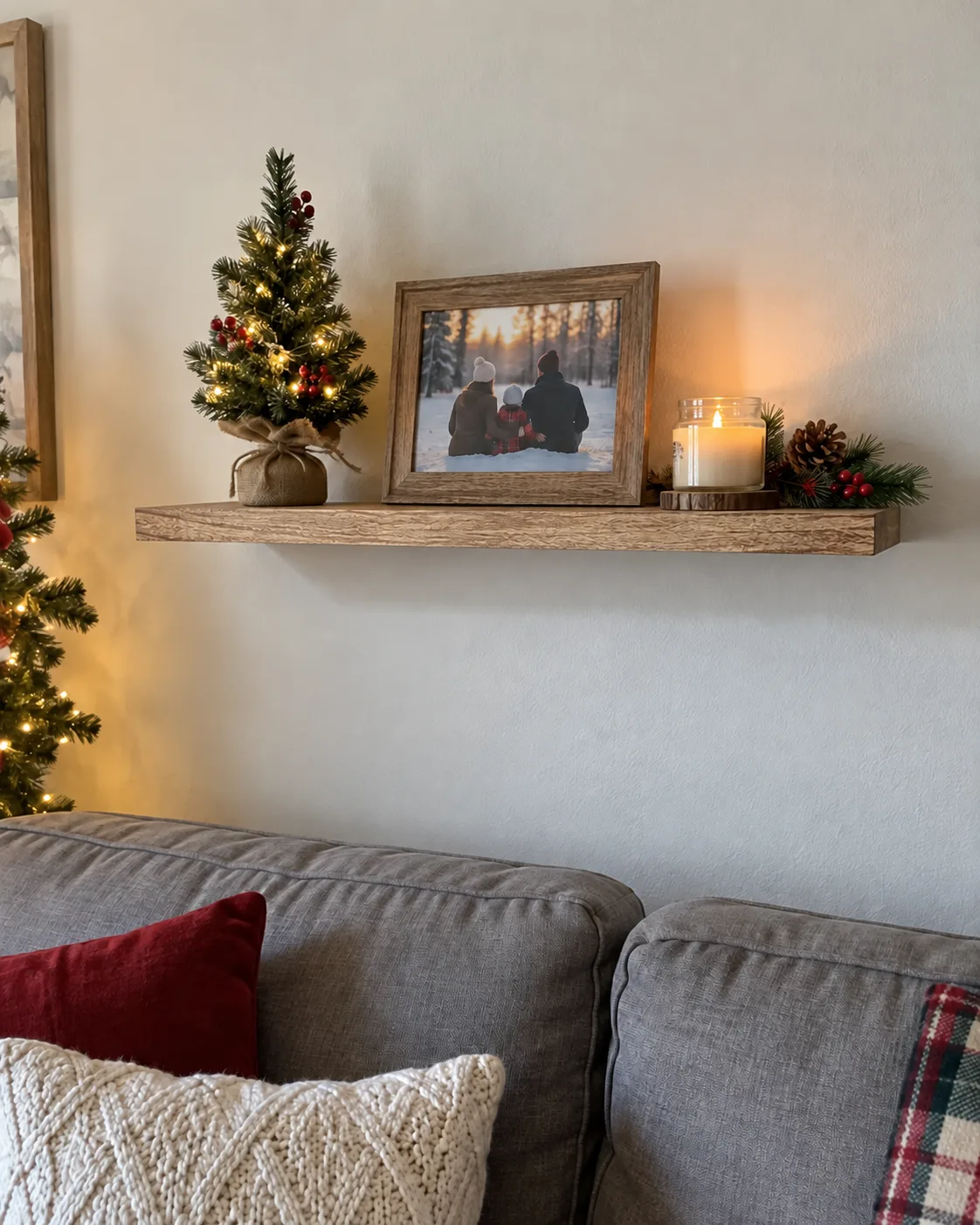 AI-generated customer-style photo of a light brown shelf in a Christmas living room