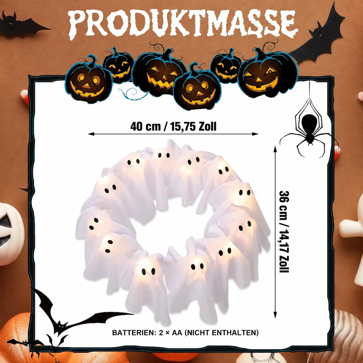Geisterkranz mit 12 Lichtern – leuchtende Halloween-Türdekoration