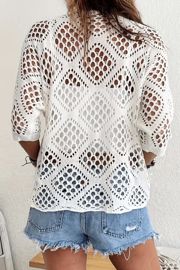 Women’s Crochet Beach Cover-Up Sweater – Lightweight Hollow-Out V-Neck Top（Buy 2 Free Shipping）