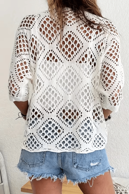 Women’s Crochet Beach Cover-Up Sweater – Lightweight Hollow-Out V-Neck Top（Buy 2 Free Shipping）