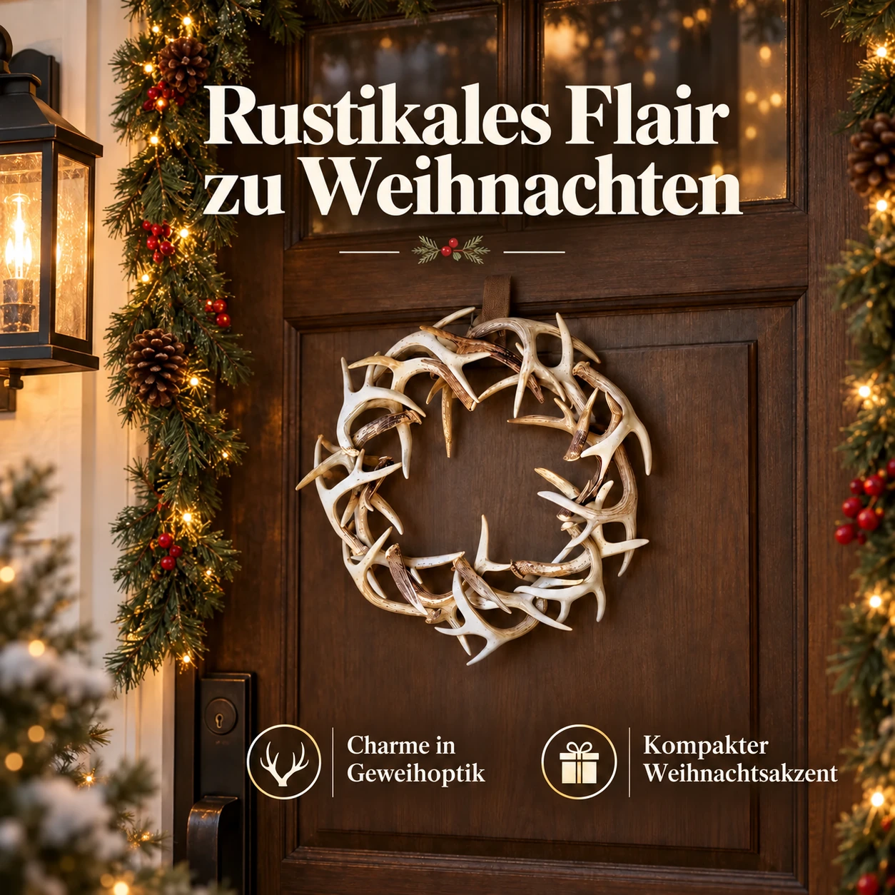 Rustikaler Weihnachtskranz aus Kunstgeweih – weiß gekalkt oder dunkelbraun