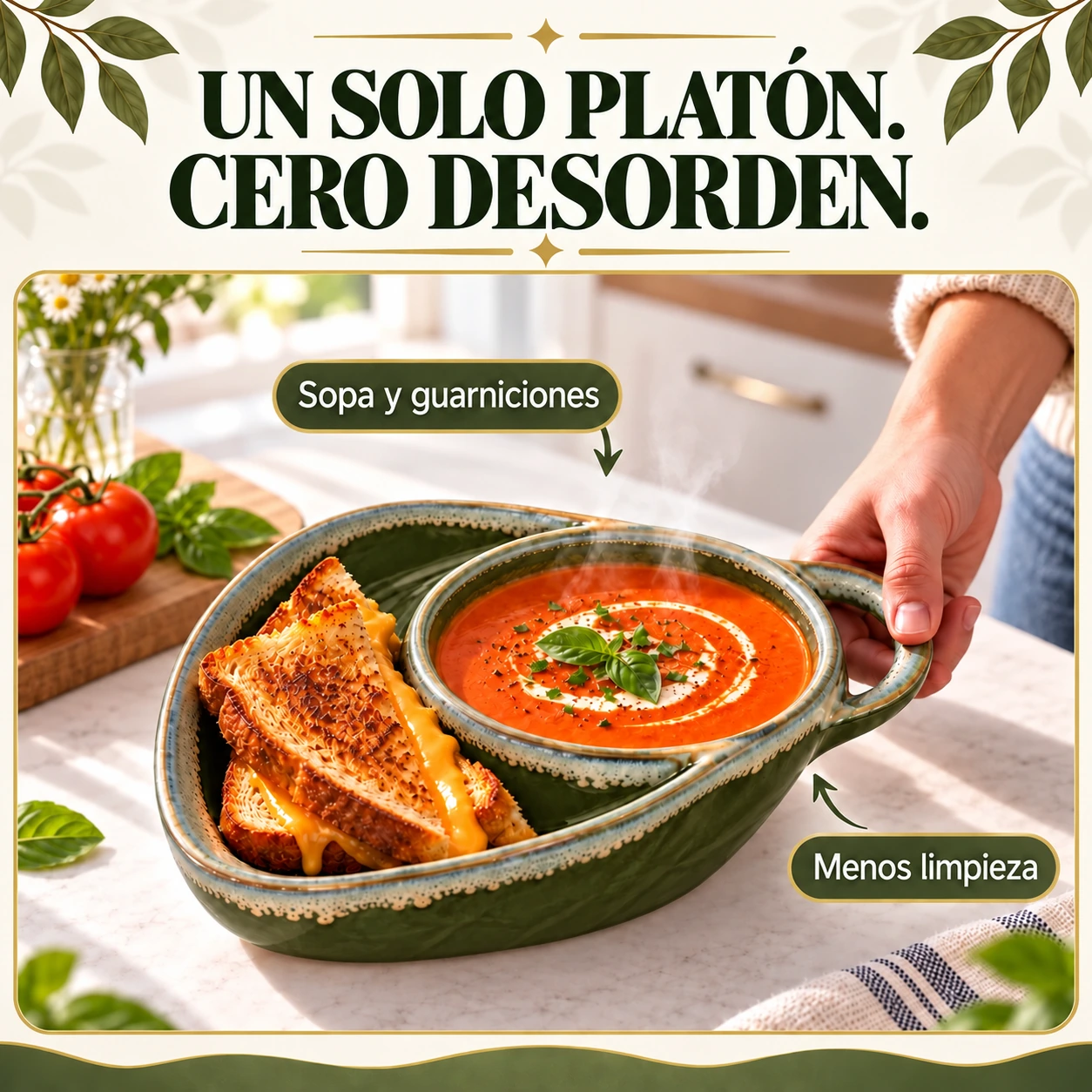 Plato artesanal de cerámica con divisiones y asa lateral