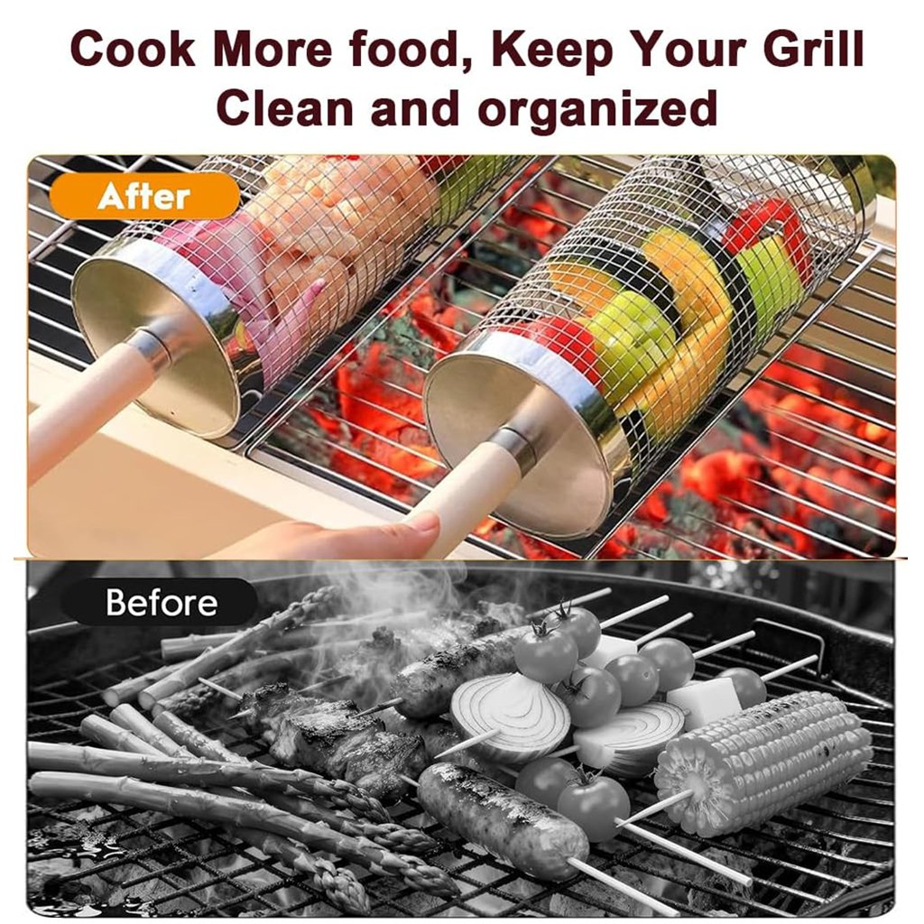 🔥 Stainless Steel Rolling Grill Basket – Effortless 360° Even Cooking