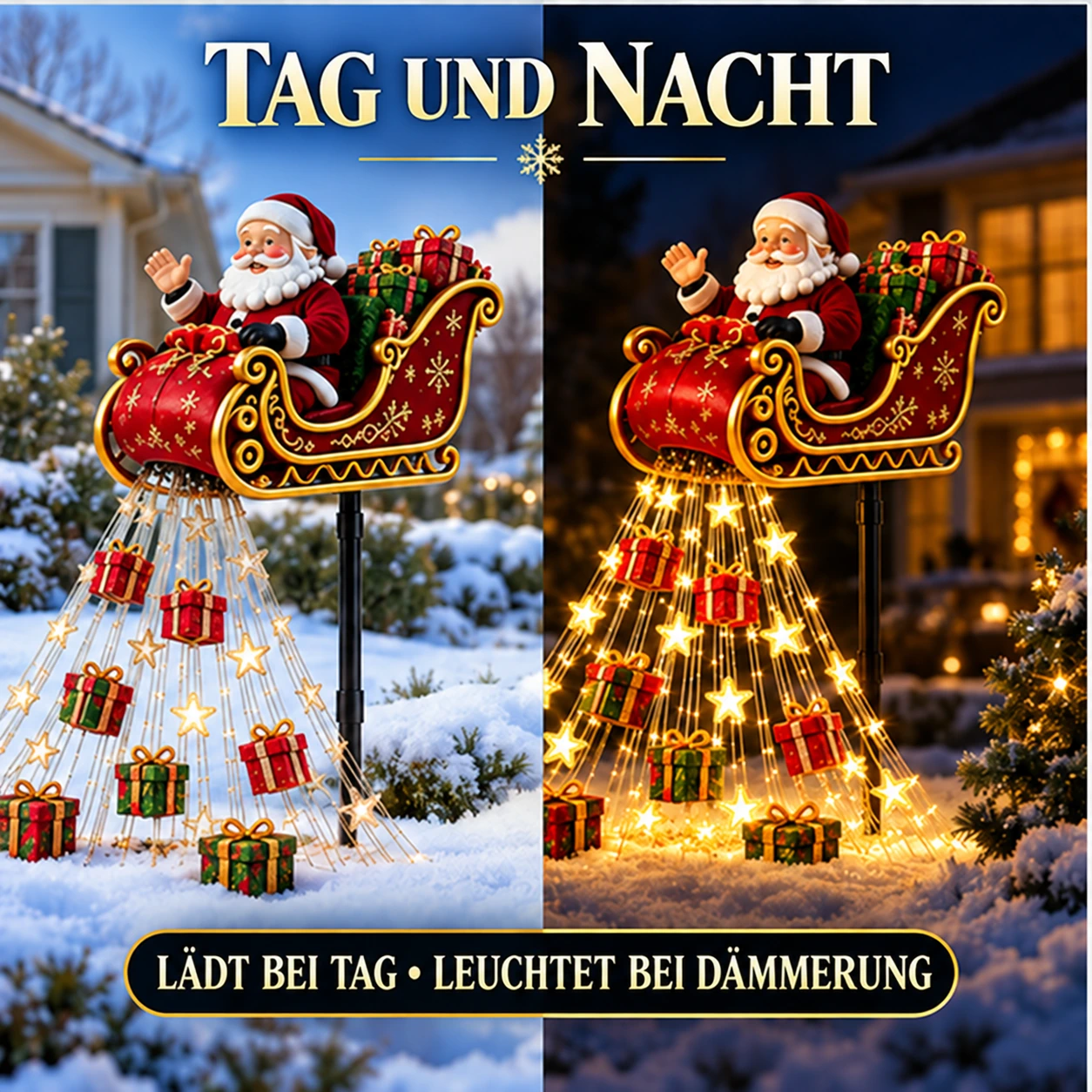 Solar-Gartenlicht mit Weihnachtsmannschlitten und Kaskadenlicht – 17,7 Zoll Weihnachtsdekoration