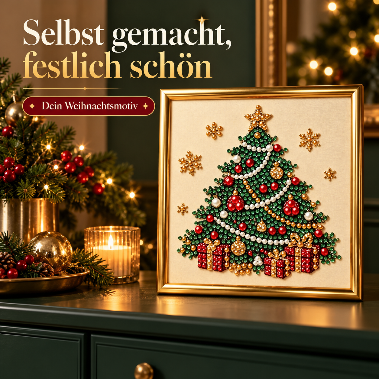 Weihnachts-Diamond-Painting im goldfarbenen Rahmen