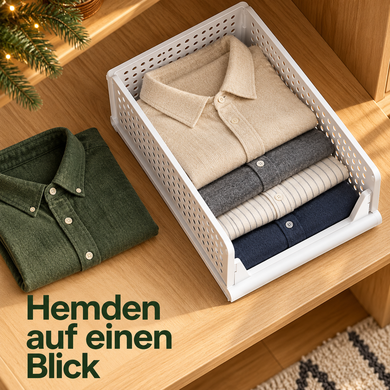 Ein weißer Kleiderkorb mit gefalteten Hemden aus hoher Perspektive