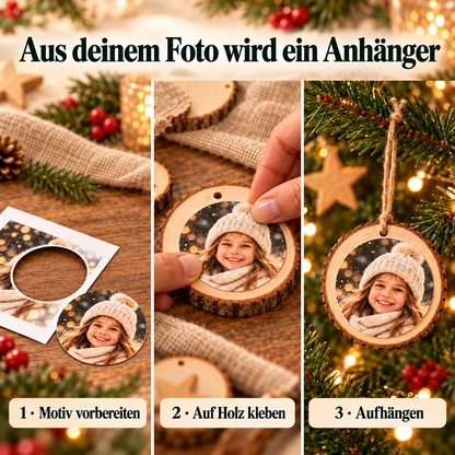 Drei Schritte im Bild: rundes Foto vorbereiten, auf die Holzscheibe kleben und den Anhänger aufhängen