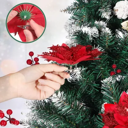 10-Piece Red Glitter Poinsettia Clip Set for Christmas Decorating