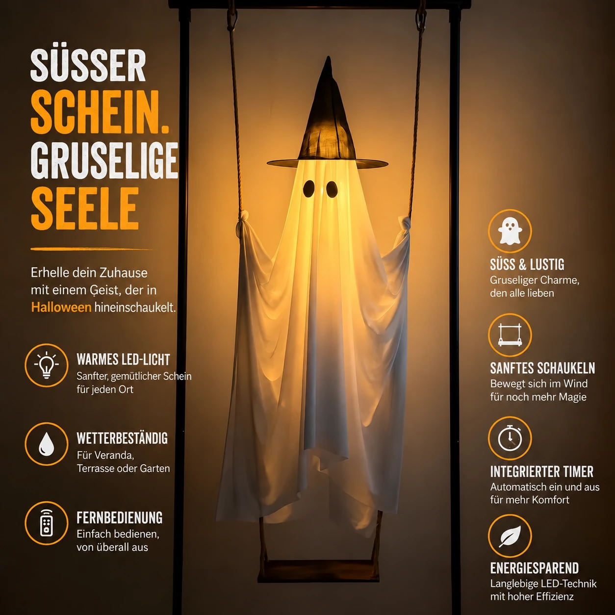 👻Hängender schaukelnder Geist mit LED-Licht als Halloween-Dekoration