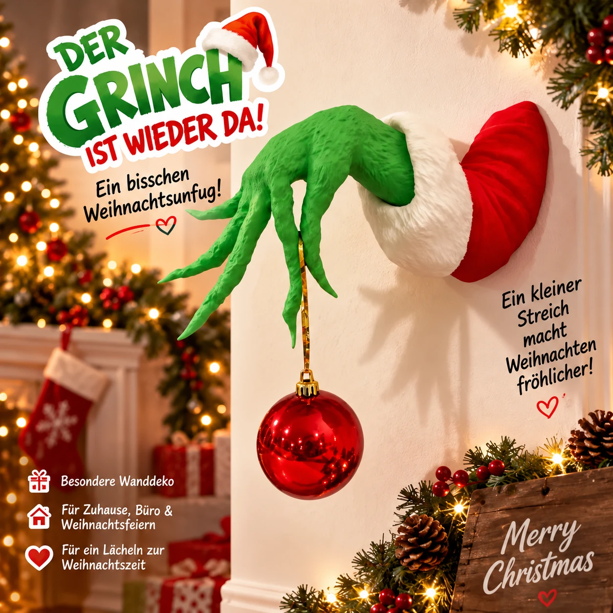 Schelmische grüne Weihnachtshand als Wanddeko