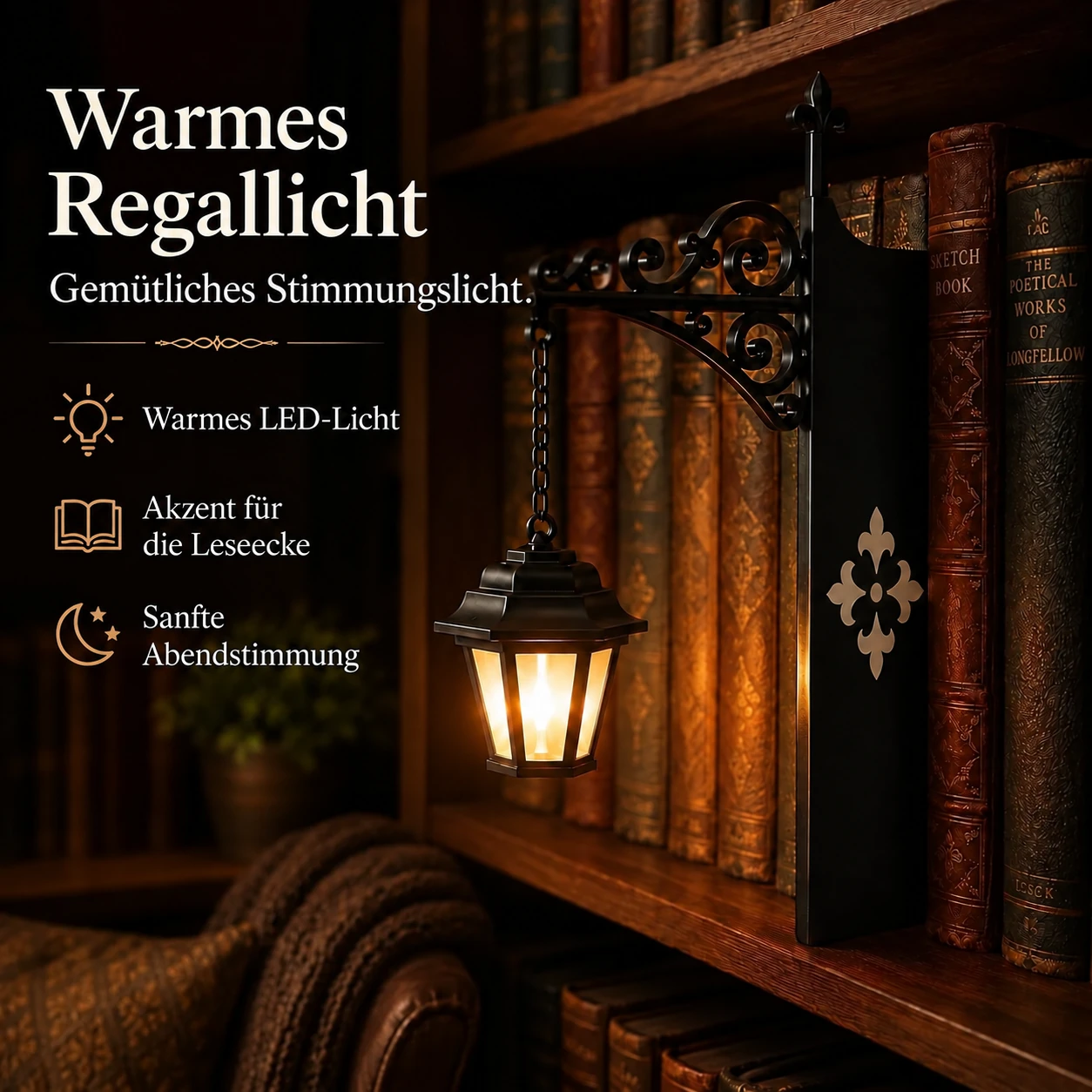 Verzauberte Bücherregal-Einsteckleuchte – Vintage-Laterne oder lesender Geist