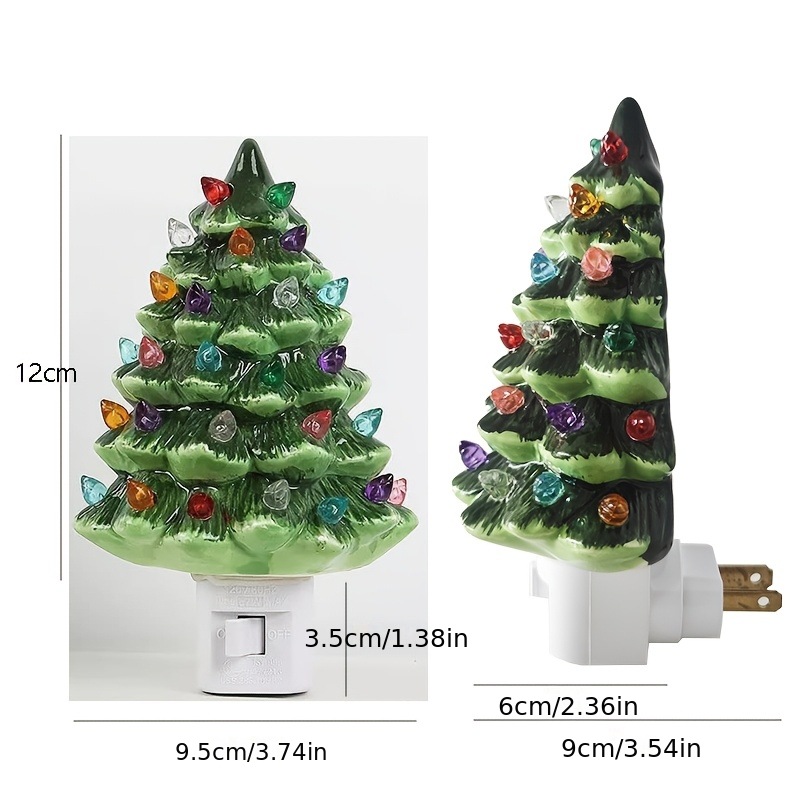 Green ceramic Christmas tree plug-in night light dimensions and side view