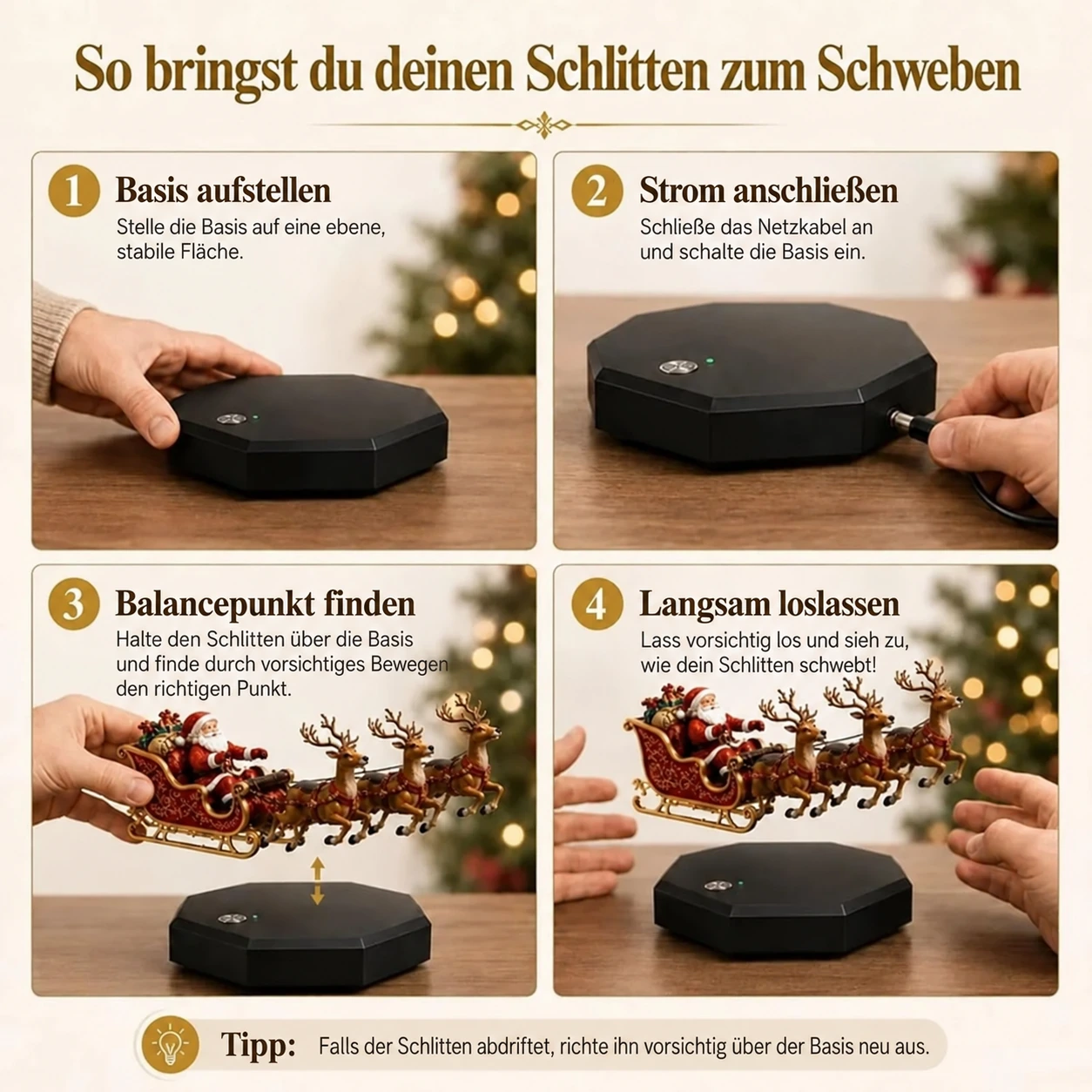 Schwebender Weihnachtsmannschlitten – magnetisch schwebende Weihnachtsdekoration