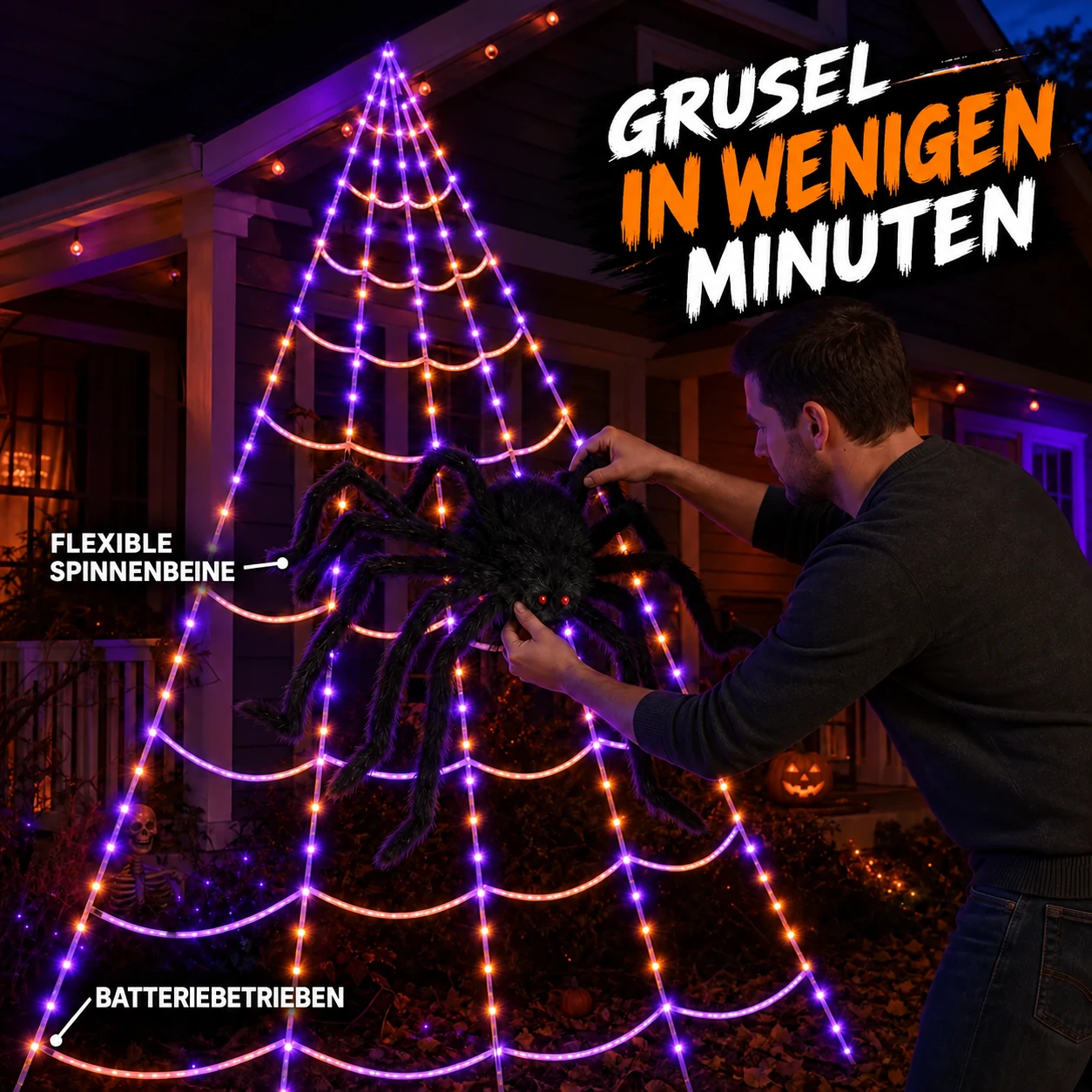 Lila-orange Spinnennetzbeleuchtung mit 250 LEDs und riesiger haariger Spinne