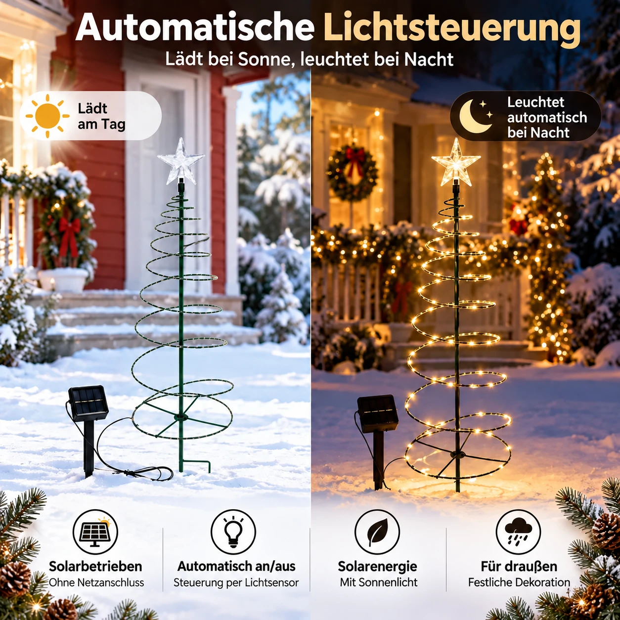 Solarbetriebene spiralförmige Weihnachtsbaumbeleuchtung mit Sternspitze